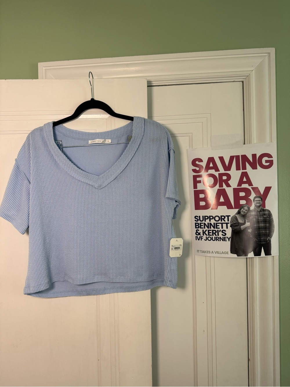 Light Blue V-Neck Ribbed Short Sleeve Top